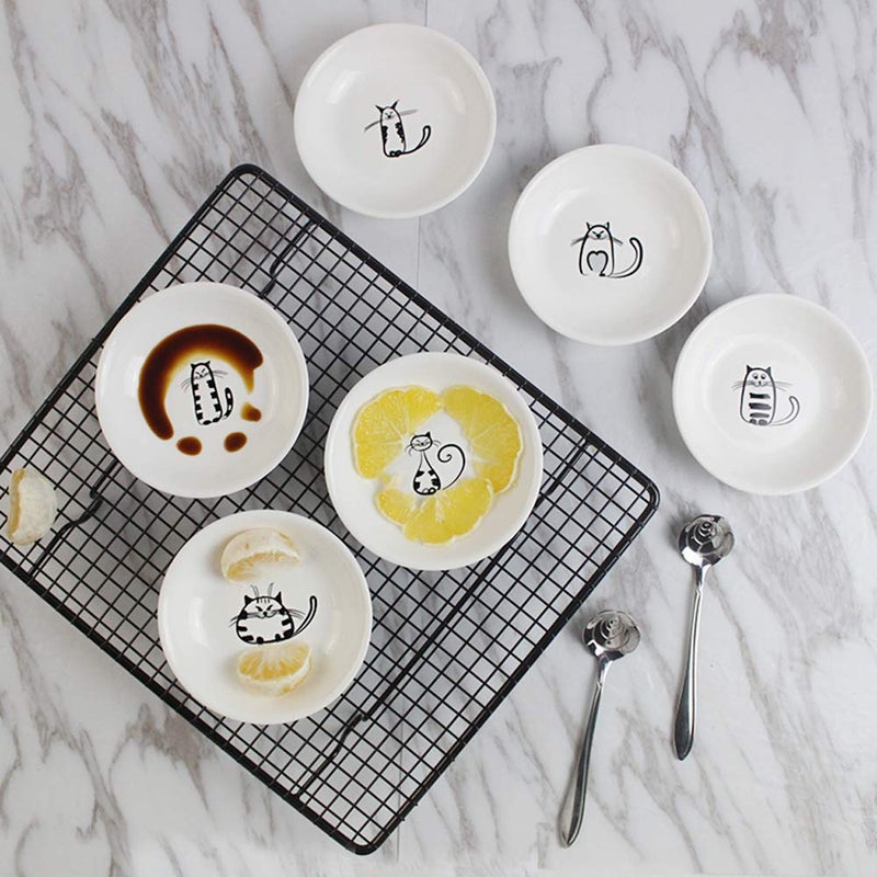 FUYU 6pcs Cute Cat Ceramic Sauce Plate, Snack Plate, Side Dish, 4 inches - Image 4